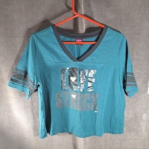 Hard Candy "Love Struck" Turquoise Black Raglan Cropped Graphic Tee VG L